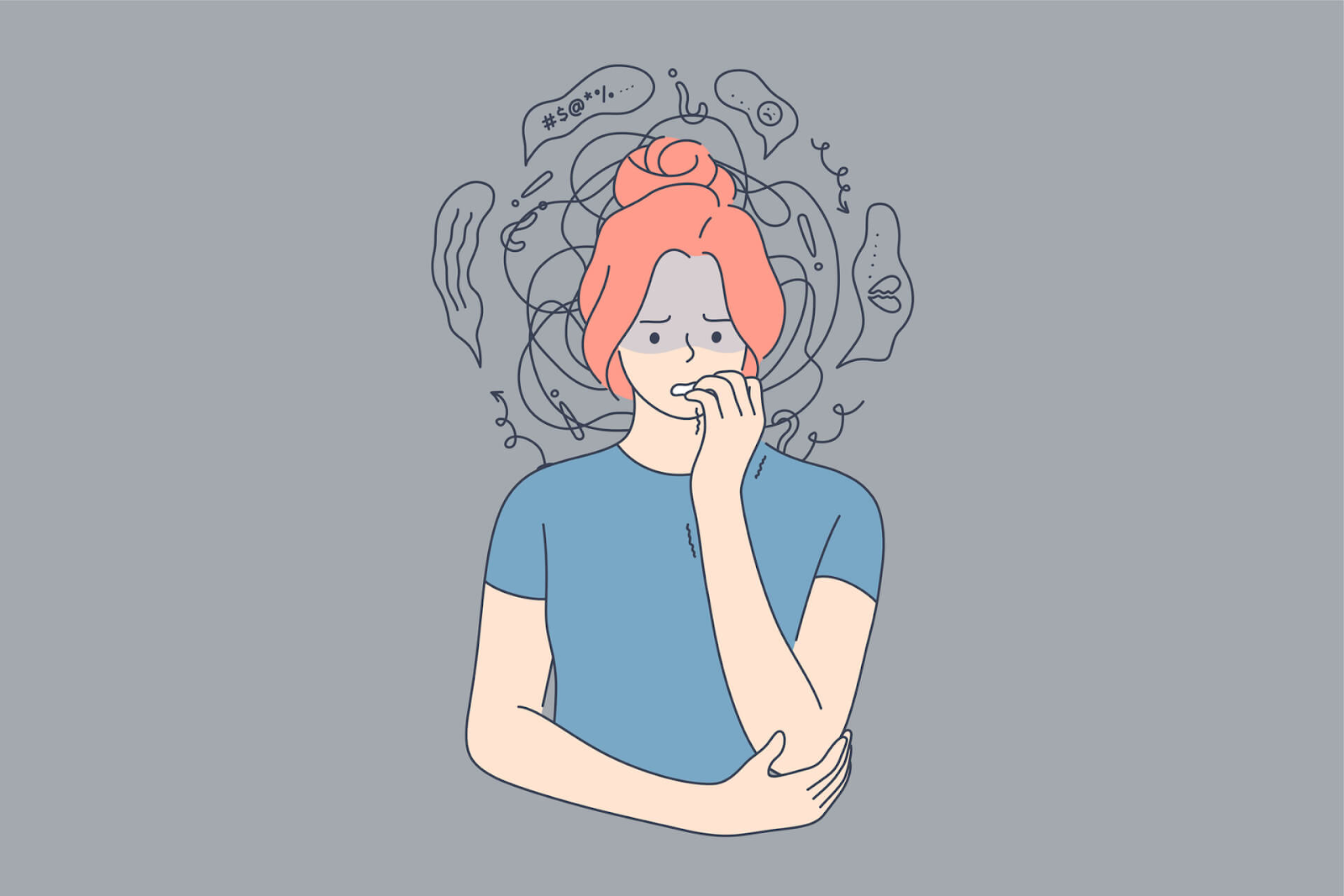 A cartoon drawing of young person experiencing anxiety